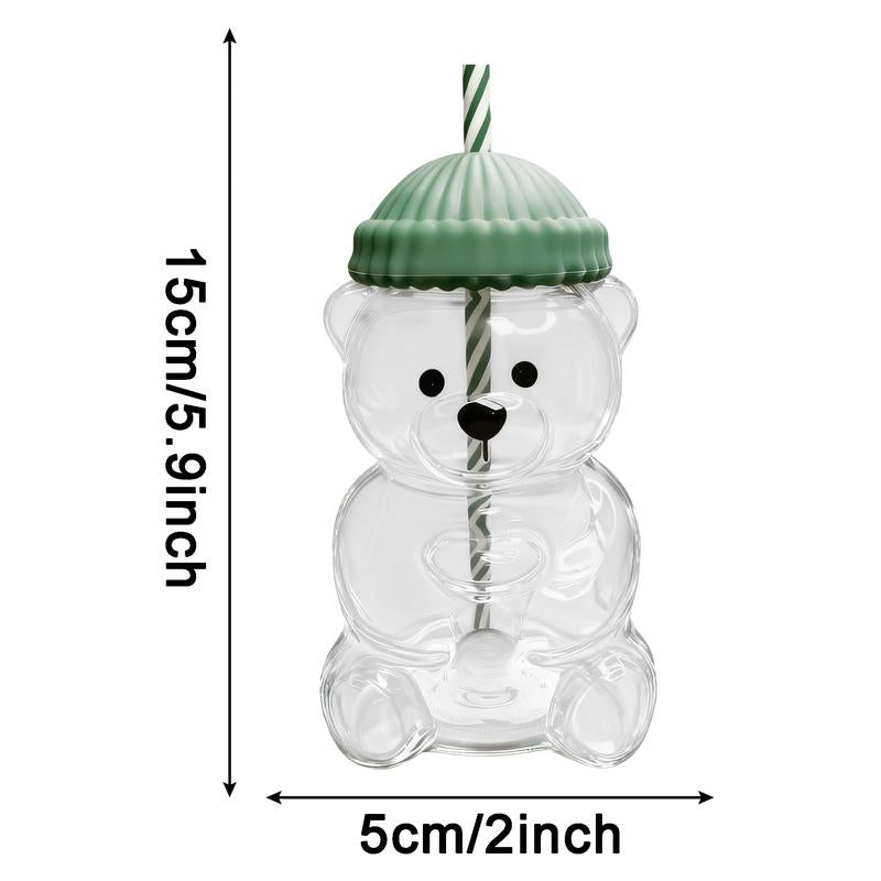 Holiday Bear Glass Cup with Straw, Cute Bear Cold Drink Cup, Festive Coffee & Beverage Glass, Adorable Bear Cup with Green Hat Lid, 2025 Seasonal Drinkware