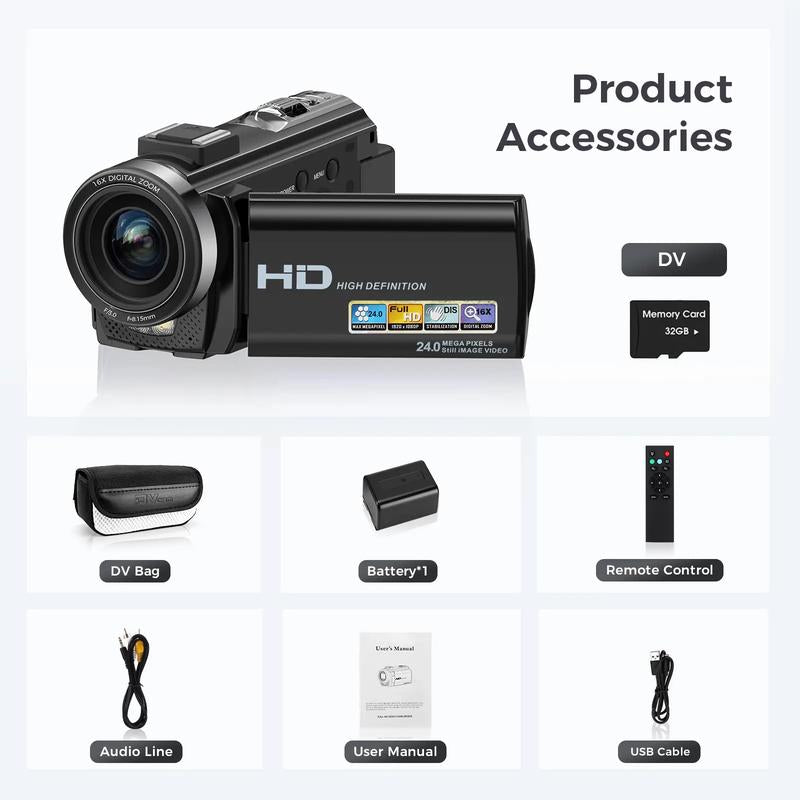 Video Camera Youtube Vlogging Camera Recorder FHD 1080P 24.0MP 3.0 Inch 270 Degree Rotation Screen 16X Digital Zoom Camcorder with Microphone,Remote Control