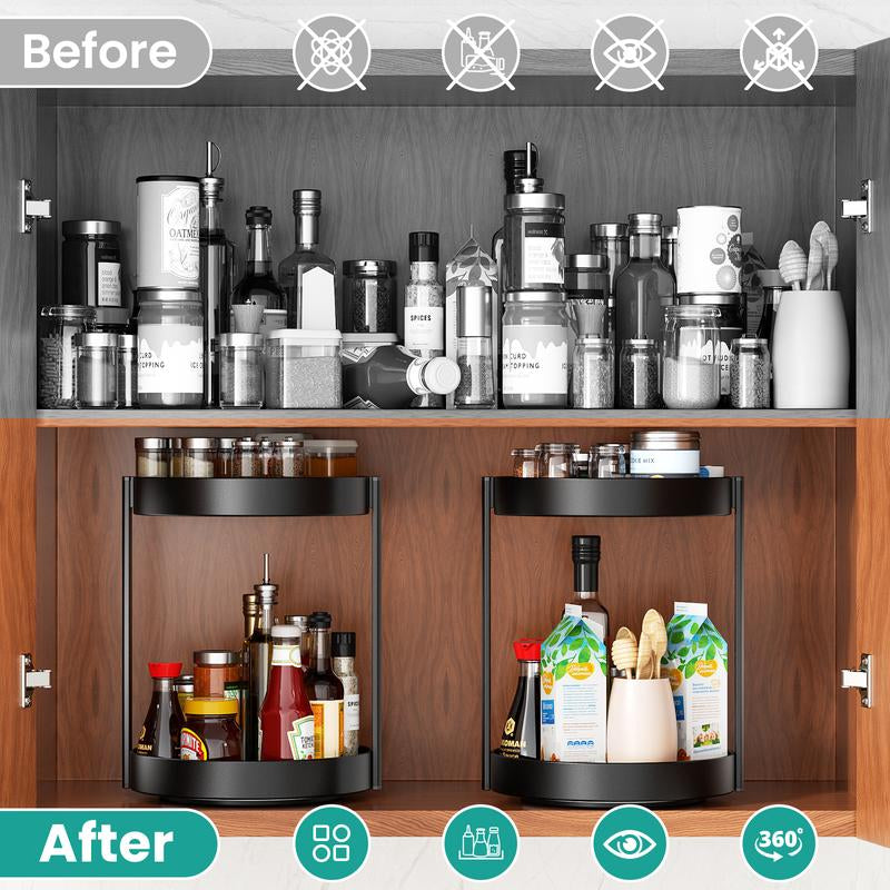 2-Layer Metal Rotating Storage Box, 360° Rotating Turntable, Suitable for Double-Layer Rotating Shelf Storage Boxes in Cabinets, Kitchens and Bathrooms, Rust-Proof Double-Layer Rotating Tray Rotating Storage Box, for Spice Racks and Countertops, Black