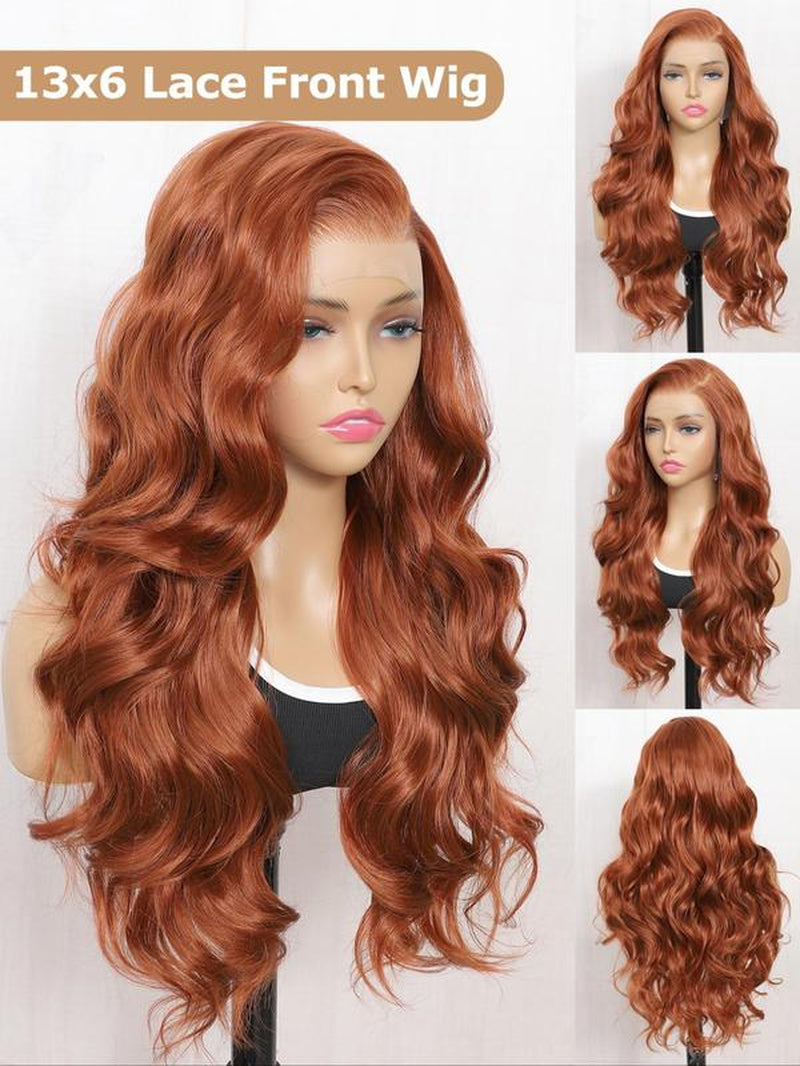 24 Inch Burgundy/Ginger Long Body Wavy Wigs for Women, Gorgeous Fluffy Wigs without Bangs, Synthetic Heat Resistant HD Lace Front Wigs for Party, Daily Use