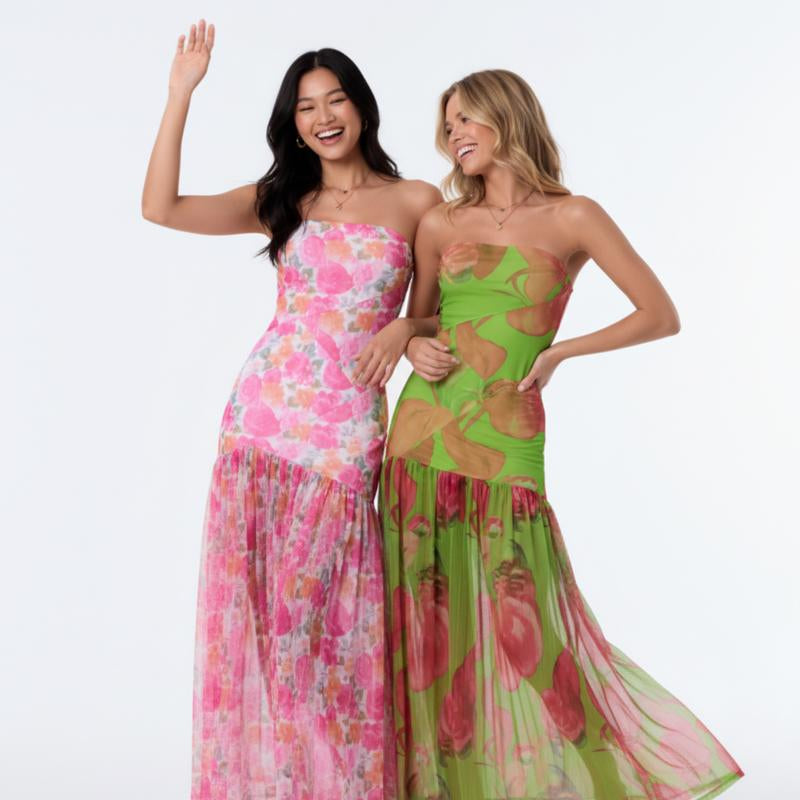 Women'S Tube Top Dressstrapless Backless Mesh Patchwork Tropical Leopard Print High Slit Long Dress for Party Club Night