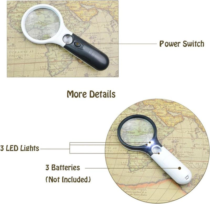 A 10X Handheld 3-Lamp LED Magnifying Glass for Reading and Magnifying Jewelry. It Is Perfect for Reading, Handicrafts, Hobbies, and Black-And-White Sewing. (Include 3 AAA Batteries of 1.5V Each)