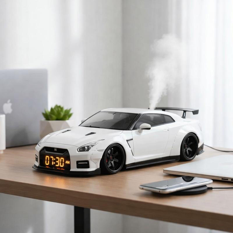 White Supercar Alarm Clock with Realistic Engine Sound & LED Light Show Ultimate Desk Accessory for Car Enthusiasts