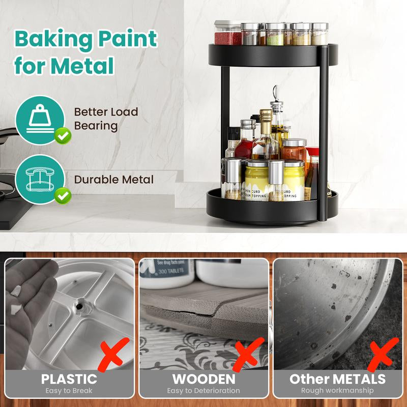 2-Layer Metal Rotating Storage Box, 360° Rotating Turntable, Suitable for Double-Layer Rotating Shelf Storage Boxes in Cabinets, Kitchens and Bathrooms, Rust-Proof Double-Layer Rotating Tray Rotating Storage Box, for Spice Racks and Countertops, Black