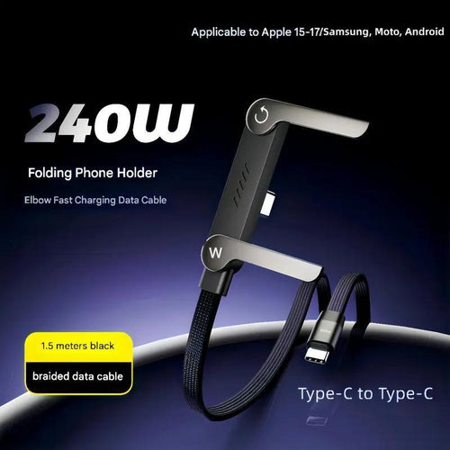 240W Invisible Holder Charger Cable with Stand, Super Fast Charging 2-In-1 Fast Charging Cord & Phone Stand for Gaming, Office, Car Travel, Compatible with Iphone Samsung Type-C Charging Cable Black