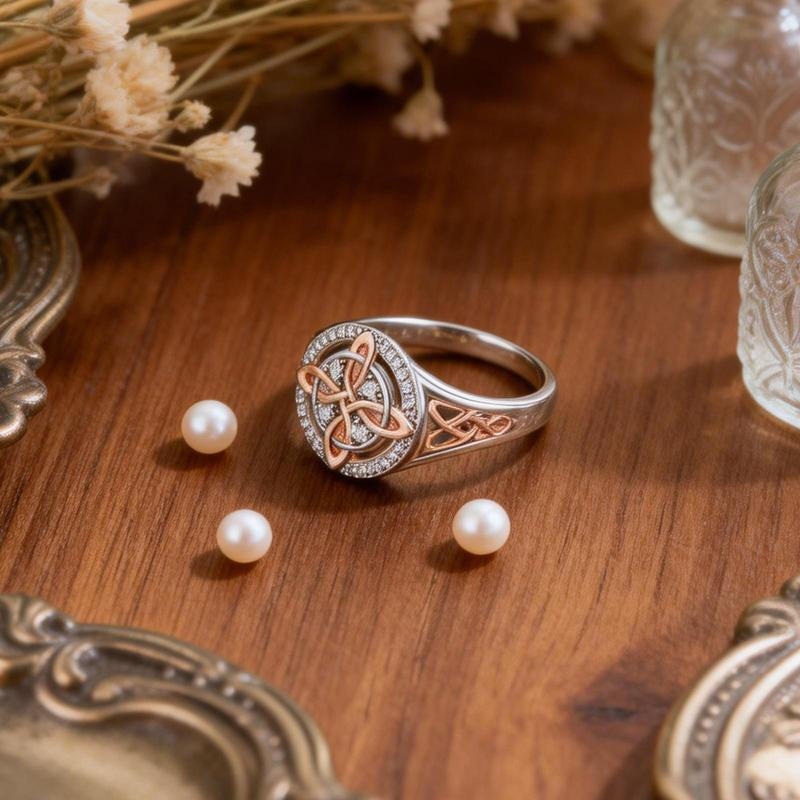 Rose Gold Plated Witches Knot Ring, Anillo Nudo De Bruja Original Celtic Knot Jewelry, Cubic Zirconia Decorated Witch’S Knot Ring, Witchtok Witch Jewelry Pagan Jewelry for Devotion and Protection Valentine’S Day Gift