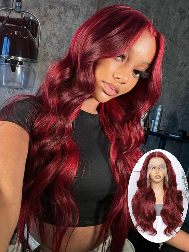 24 Inch Burgundy/Ginger Long Body Wavy Wigs for Women, Gorgeous Fluffy Wigs without Bangs, Synthetic Heat Resistant HD Lace Front Wigs for Party, Daily Use