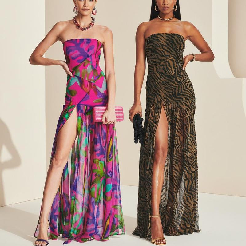 Women'S Tube Top Dressstrapless Backless Mesh Patchwork Tropical Leopard Print High Slit Long Dress for Party Club Night