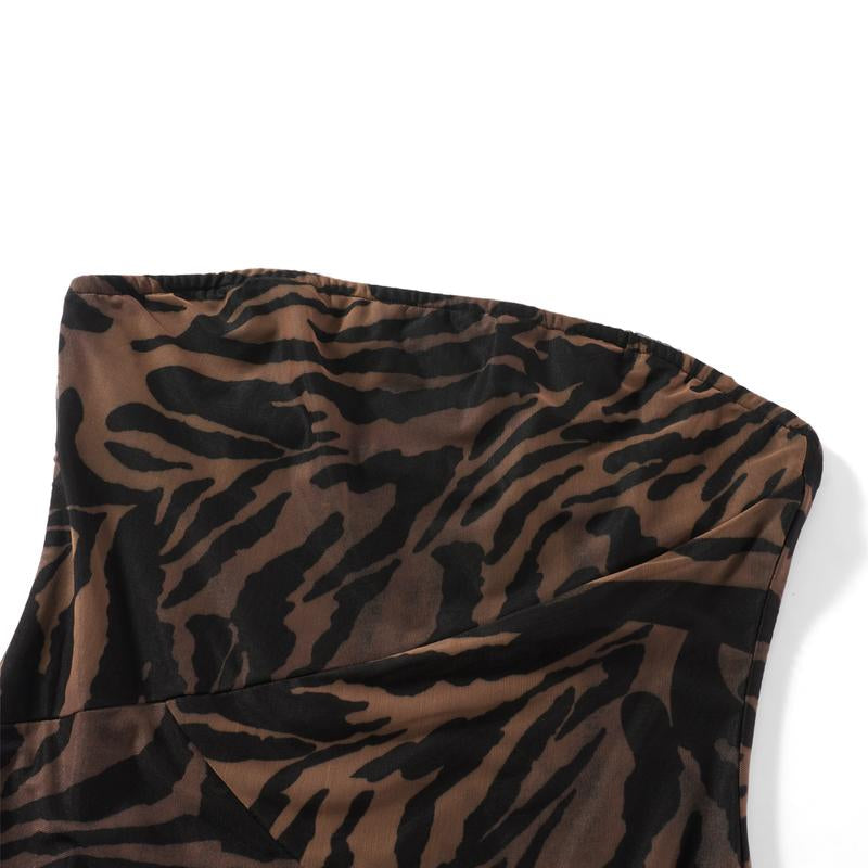 Women'S Tube Top Dressstrapless Backless Mesh Patchwork Tropical Leopard Print High Slit Long Dress for Party Club Night