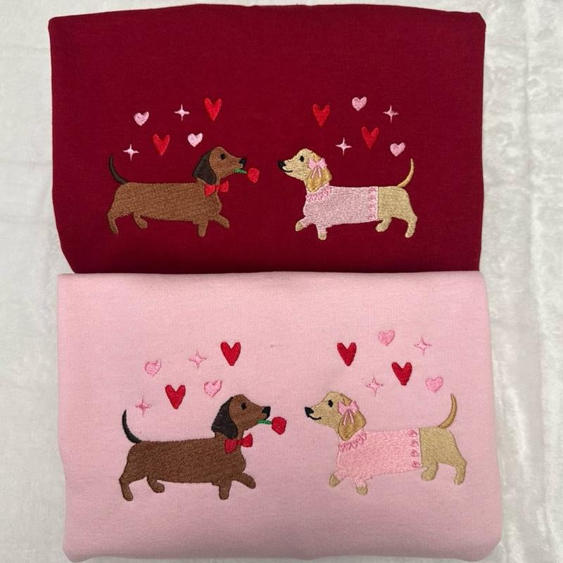 Dachshund Valentine’S Day Sweatshirt Embroidered Sweatshirt Valentines Doggie Cute Hearts Dog Embroidered Sweatshirt