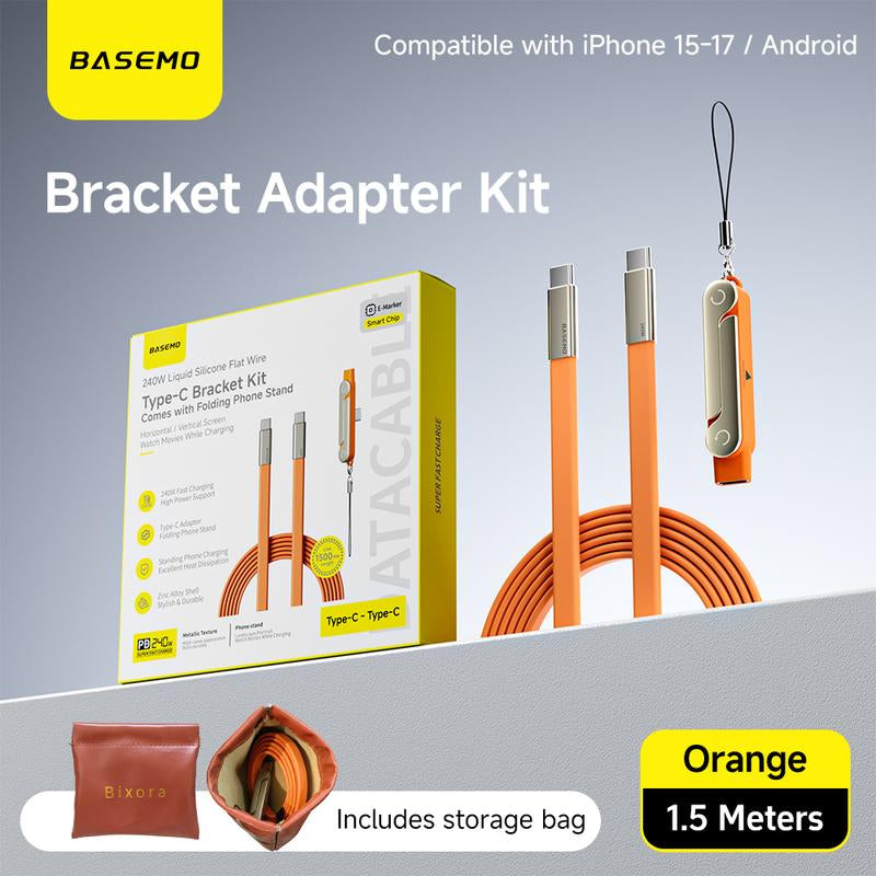 Basemo 240W Super Fast Charging 360° Rotating Invisible Stand Detachable Two-In-One Charging Cable, Zinc Alloy Silicone Type-C Cable Compatible with Apple and Samsung, Essential for Gaming, Office, and Car Use | Bestselling Cutting-Edge Technology.