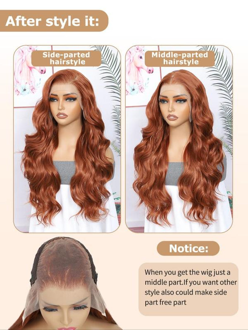 24 Inch Burgundy/Ginger Long Body Wavy Wigs for Women, Gorgeous Fluffy Wigs without Bangs, Synthetic Heat Resistant HD Lace Front Wigs for Party, Daily Use