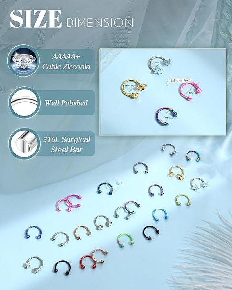 BESTEEL 24 PCS Septum Nose Rings for Women 16G - Hypoallergenic Horseshoe Lip Daith Piercing Jewelry Cute Small Stainless Surgical Steel Rook Conch Helix Tragus Daith Cartilage Earrings Hoops Set 10Mm