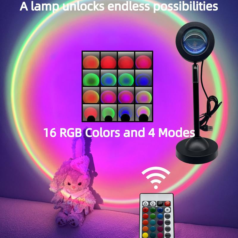 Fall Sunset Lamp Projector Light 180° Adjustable RGB Mood Lamp with 4 Modes Remote Control Battery Included for Bedroom Gaming Room Live Streaming Christmas Gift DC Power Supply