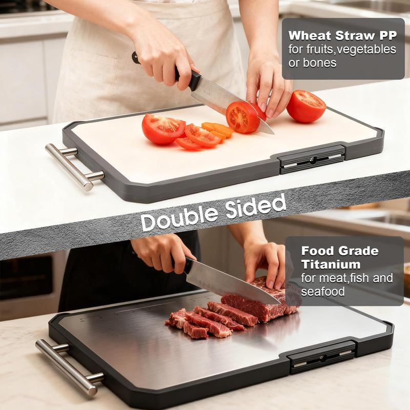 Pure Titanium Cutting Board for Kitchen - Dual Sided Design with Protect the Cutting Tools ,Sharpener, Graduation Marks, and Grinding Area