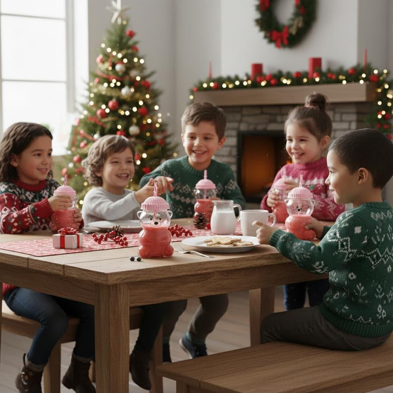 Holiday Bear Glass Cup with Straw, Cute Bear Cold Drink Cup, Festive Coffee & Beverage Glass, Adorable Bear Cup with Green Hat Lid, 2025 Seasonal Drinkware