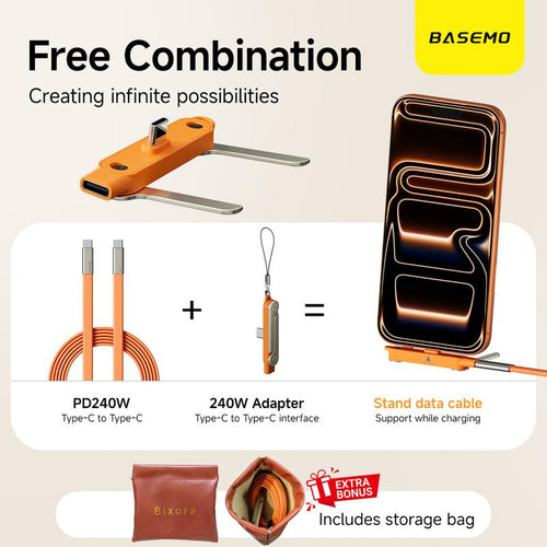 Basemo 240W Super Fast Charging 360° Rotating Invisible Stand Detachable Two-In-One Charging Cable, Zinc Alloy Silicone Type-C Cable Compatible with Apple and Samsung, Essential for Gaming, Office, and Car Use | Bestselling Cutting-Edge Technology.