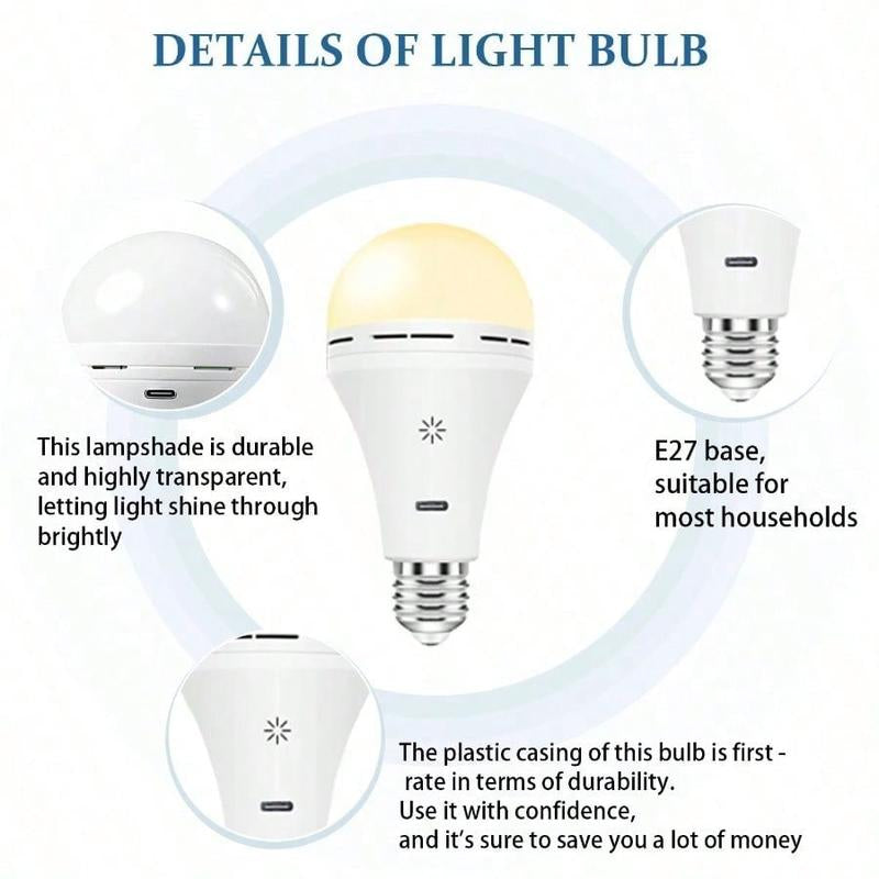 2PC USB-C Rechargeable LED Light Bulb with Remote Control - E27 Emergency Light, Dimmable 9W Bulb for Home Power Outage