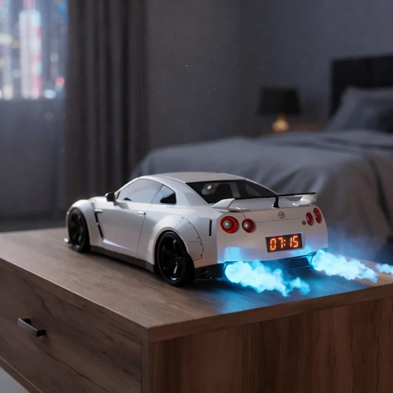 White Supercar Alarm Clock with Realistic Engine Sound & LED Light Show Ultimate Desk Accessory for Car Enthusiasts