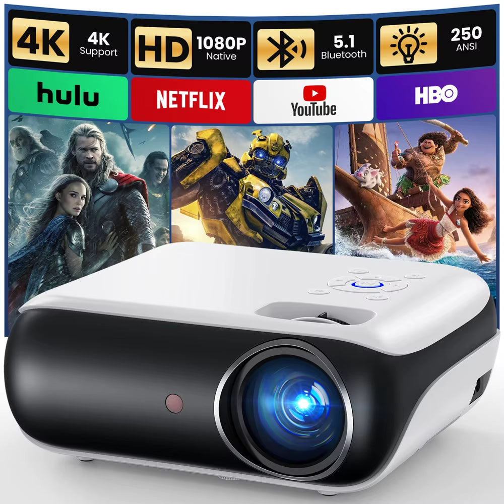 Native 1080P Bluetooth Projector, Full HD Portable Outdoor Movie Projector with Built-In Speaker, with HDMI, USB, AV