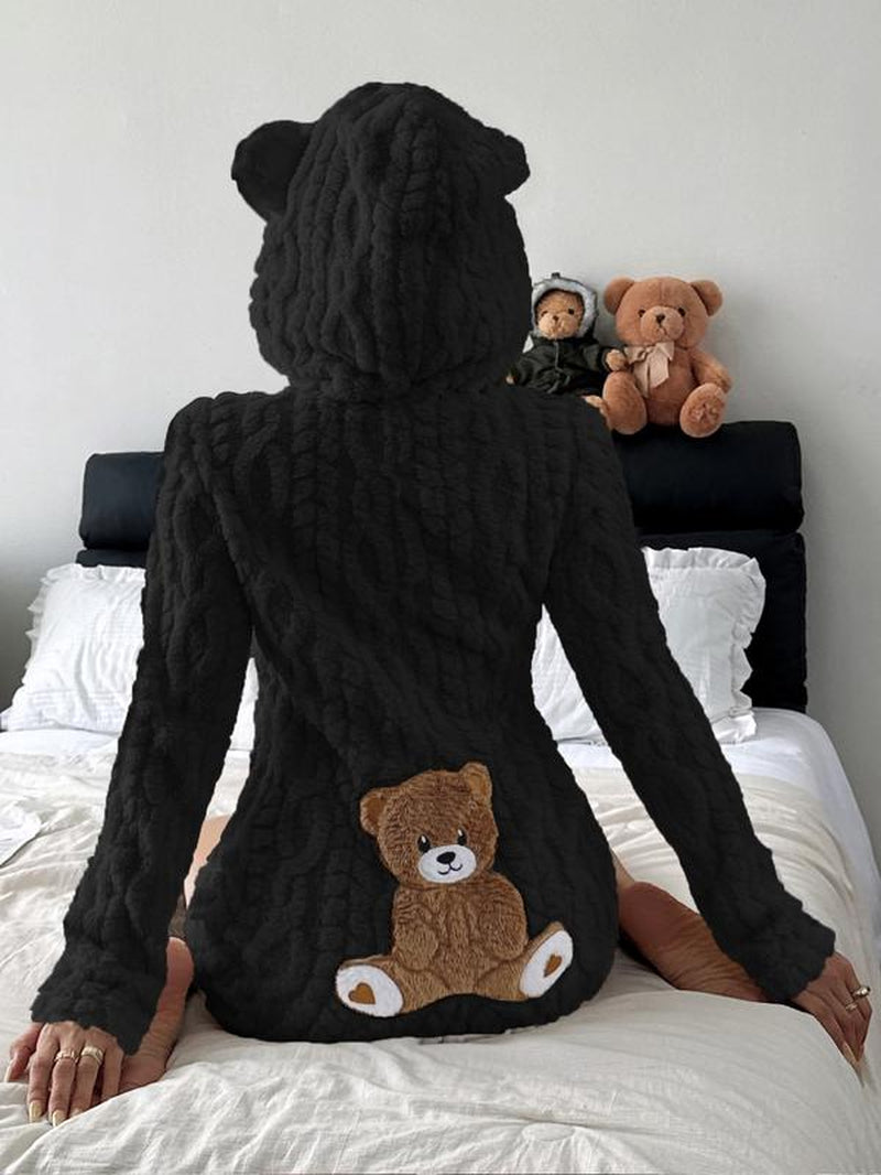 Women'S Cute Teddy Bear Embroidered Hooded Fleece Sweatshirt, Comfortable Fashion Design, Perfect Gift for Her, Daily Wear