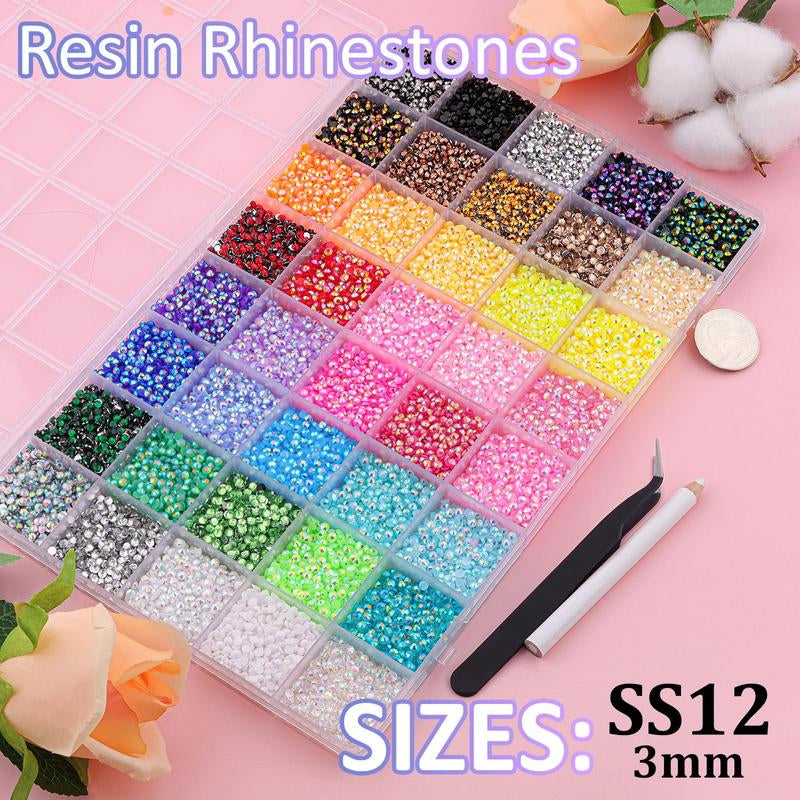40000Pcs 40 Colors Jelly Rhinestones for Bedazzling, 3Mm Multicolor Resin Flatback Gems for Diamond Art, Bedazzler Kit with 3Pcs 10Ml B7000 Jewelry Glue for Crafting Book Shoes Nail Art