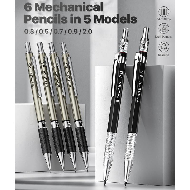 STAGEEK 6 Pack Art Mechanical Pencil Set, Drafting Pencil,3Pack Metal Drafting Pencil 0.5 Mm & 0.7 Mm & 0.9 Mm & 3Pack 2Mm Graphite Lead Holder (2B HB 2H) with 492PCS Leads (6B 4B 2B HB 2H 4H Color)For Writing, Sketching Drawing with Lead Refills Case