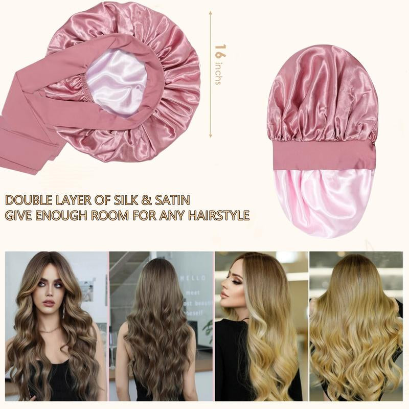 Heatless Hair Curler Kit Silk Double Layer Bonnet with Heatless Curling Rod Set, Overnight Curl Kit to Sleep In, Satin Lined Hair Bonnet and Heatless Curls Headband for Women Natural Curly Shower Cap Sleep Cap Home Bathroom Decor Summer Back to School