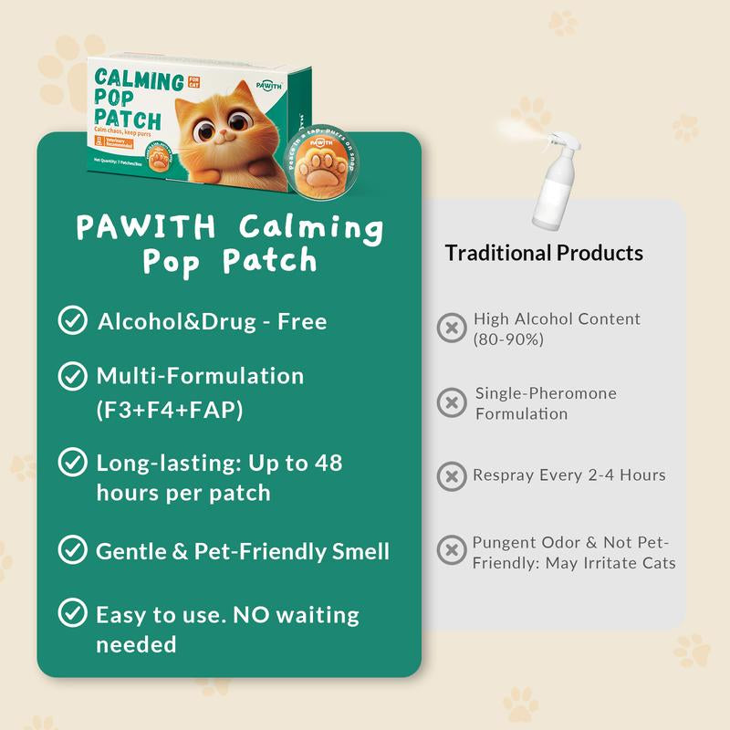 PAWITH Cat Calming Pop Patch (1 Box * 7 Patches) ,Long Lasting up to 48 Hours Per,To Help Reduce Conflicts and Signs of Tension in Multi-Cat Households,Ideal for Cat Travel, Vet Visits, Car Rides Effectively Alleviating Emergency Behaviors.