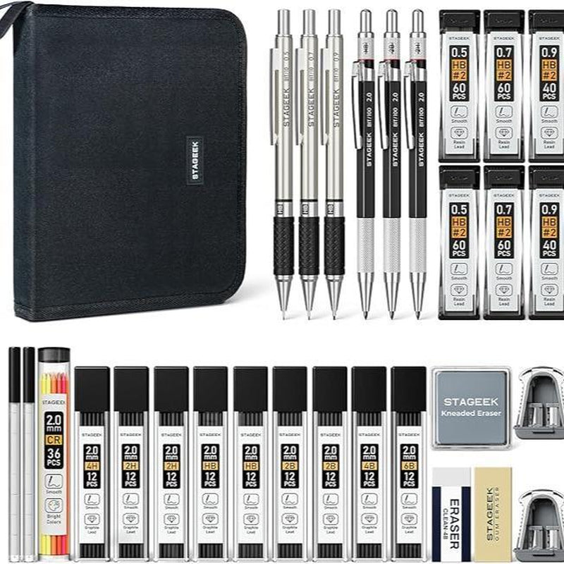 STAGEEK 6 Pack Art Mechanical Pencil Set, Drafting Pencil,3Pack Metal Drafting Pencil 0.5 Mm & 0.7 Mm & 0.9 Mm & 3Pack 2Mm Graphite Lead Holder (2B HB 2H) with 492PCS Leads (6B 4B 2B HB 2H 4H Color)For Writing, Sketching Drawing with Lead Refills Case