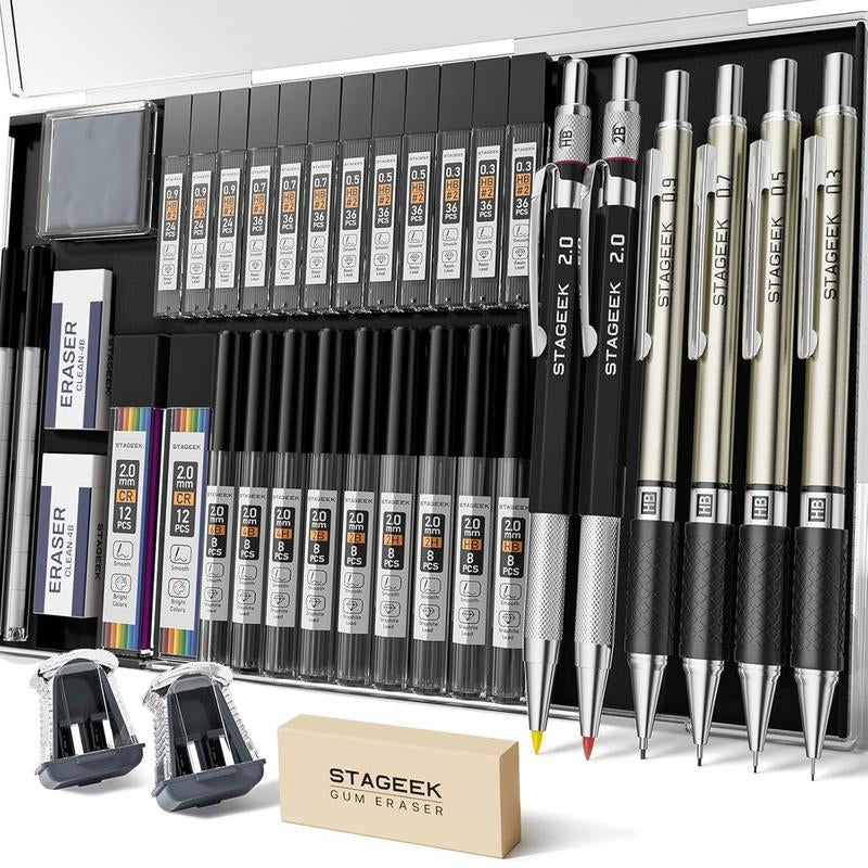 STAGEEK 6 Pack Art Mechanical Pencil Set, Drafting Pencil,3Pack Metal Drafting Pencil 0.5 Mm & 0.7 Mm & 0.9 Mm & 3Pack 2Mm Graphite Lead Holder (2B HB 2H) with 492PCS Leads (6B 4B 2B HB 2H 4H Color)For Writing, Sketching Drawing with Lead Refills Case