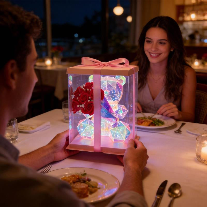 Valentine'S Day Decor: Glowing LED Rose Hugging Bear (Includes Gift Box) Battery and USB Powered Perfect for Valentine'S Day Gifts, Wife Gifts, Daughter Birthday Gifts, Couple Gifts