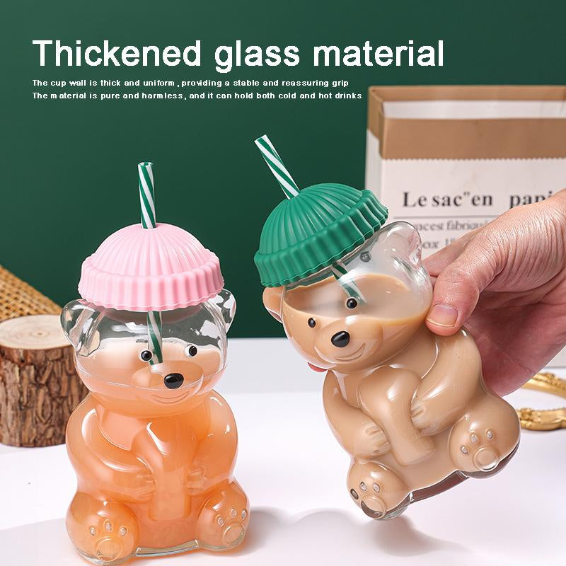 Holiday Bear Glass Cup with Straw, Cute Bear Cold Drink Cup, Festive Coffee & Beverage Glass, Adorable Bear Cup with Green Hat Lid, 2025 Seasonal Drinkware