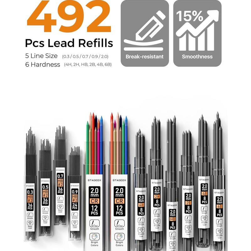 STAGEEK 6 Pack Art Mechanical Pencil Set, Drafting Pencil,3Pack Metal Drafting Pencil 0.5 Mm & 0.7 Mm & 0.9 Mm & 3Pack 2Mm Graphite Lead Holder (2B HB 2H) with 492PCS Leads (6B 4B 2B HB 2H 4H Color)For Writing, Sketching Drawing with Lead Refills Case