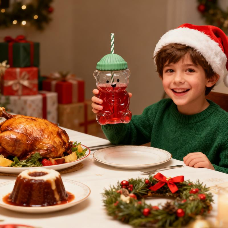 Holiday Bear Glass Cup with Straw, Cute Bear Cold Drink Cup, Festive Coffee & Beverage Glass, Adorable Bear Cup with Green Hat Lid, 2025 Seasonal Drinkware