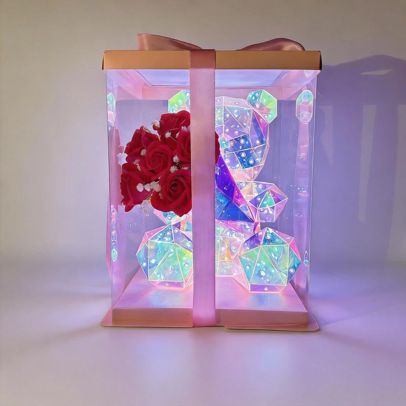 Valentine'S Day Decor: Glowing LED Rose Hugging Bear (Includes Gift Box) Battery and USB Powered Perfect for Valentine'S Day Gifts, Wife Gifts, Daughter Birthday Gifts, Couple Gifts