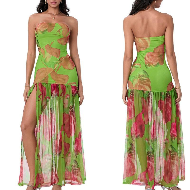 Women'S Tube Top Dressstrapless Backless Mesh Patchwork Tropical Leopard Print High Slit Long Dress for Party Club Night