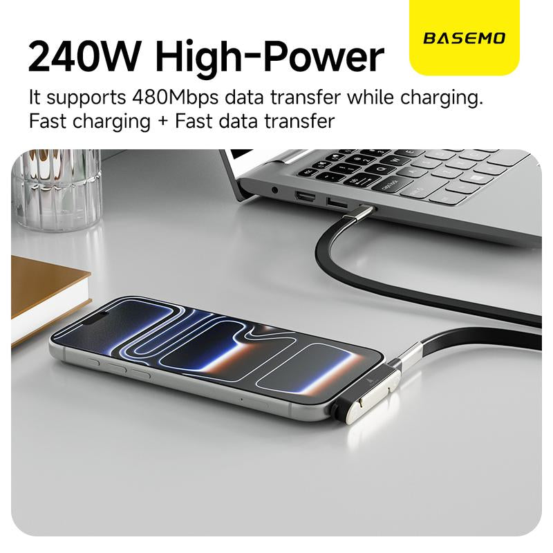 Basemo 240W Super Fast Charging 360° Rotating Invisible Stand Detachable Two-In-One Charging Cable, Zinc Alloy Silicone Type-C Cable Compatible with Apple and Samsung, Essential for Gaming, Office, and Car Use | Bestselling Cutting-Edge Technology.