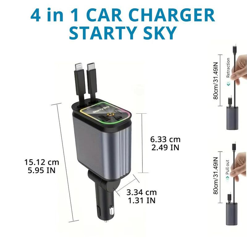 Decorative Light with 4 in 1 Retractable Car Charger Adapter, Starry Sky Light with Fast Charging Car Charger, USB & Type C Ports Car Charger Compatible with Iphone & Android, Valentine'S Day Gift for Him Her Husband Wife Interior Decor Accessories SUV