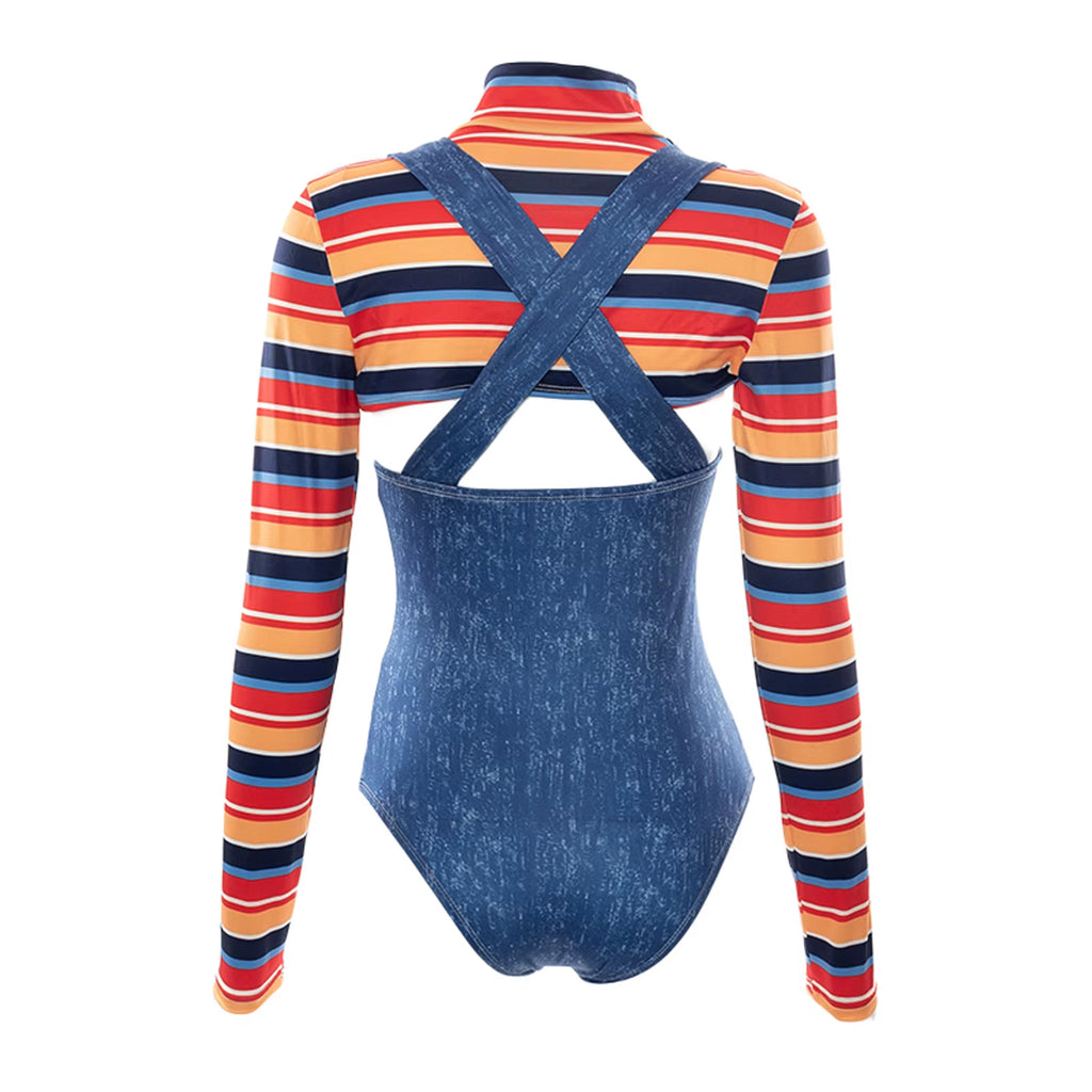 Women 2 Pcs Halloween Costumes Scary Nightmare Killer Doll Wanna Play Movie Character Costume Set Sling Jumpsuits Festival Rave