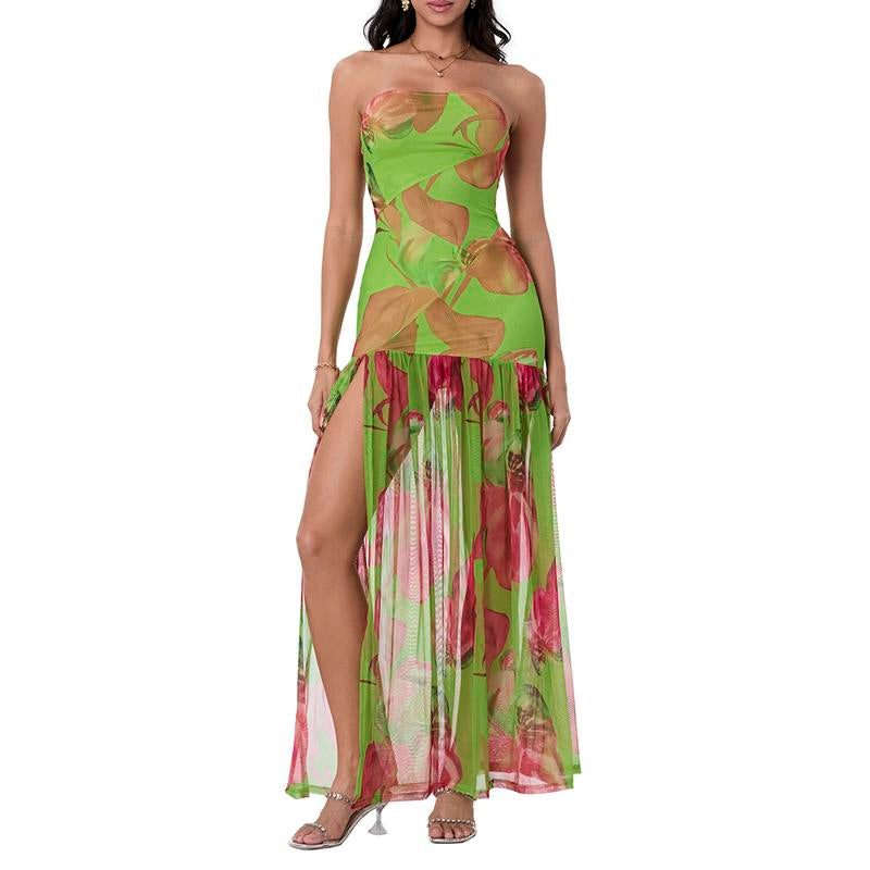 Women'S Tube Top Dressstrapless Backless Mesh Patchwork Tropical Leopard Print High Slit Long Dress for Party Club Night