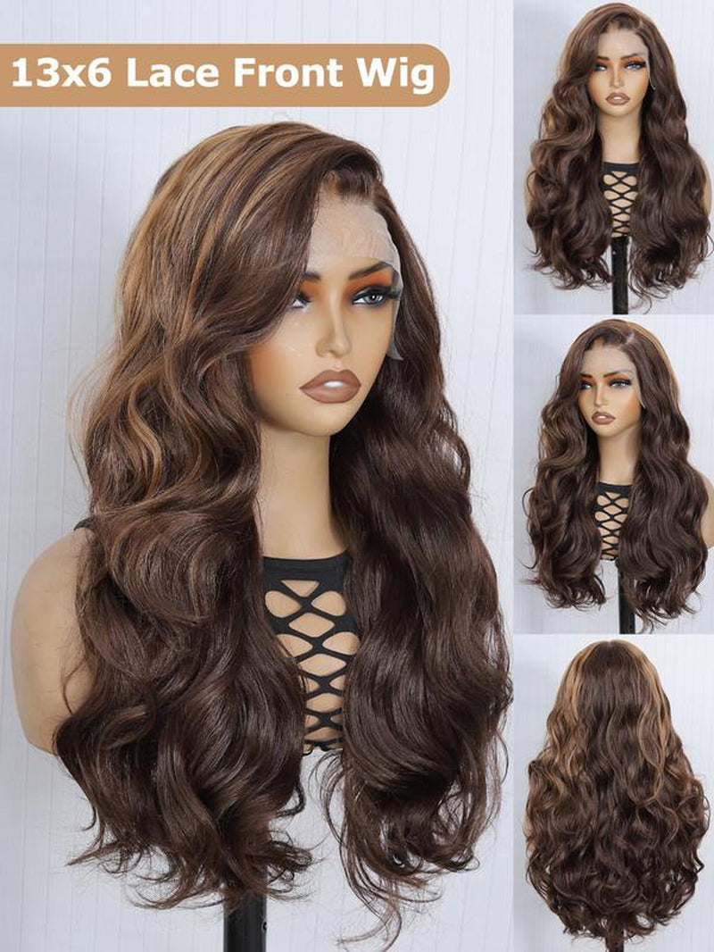 24 Inch Burgundy/Ginger Long Body Wavy Wigs for Women, Gorgeous Fluffy Wigs without Bangs, Synthetic Heat Resistant HD Lace Front Wigs for Party, Daily Use