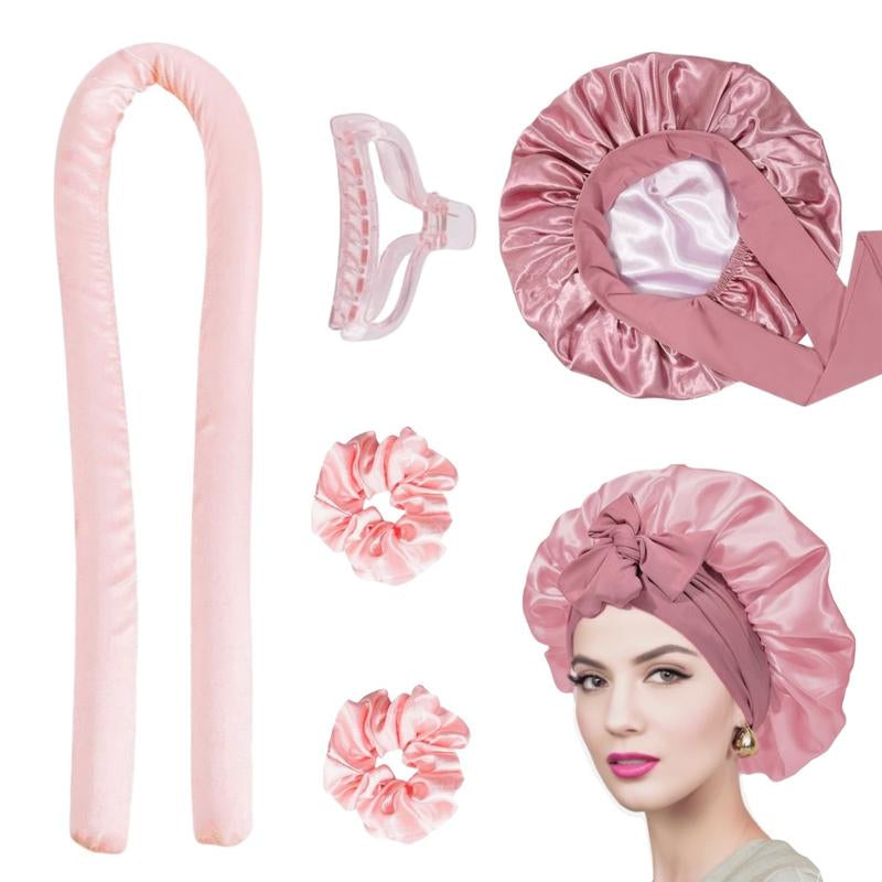 Heatless Hair Curler Kit Silk Double Layer Bonnet with Heatless Curling Rod Set, Overnight Curl Kit to Sleep In, Satin Lined Hair Bonnet and Heatless Curls Headband for Women Natural Curly Shower Cap Sleep Cap Home Bathroom Decor Summer Back to School