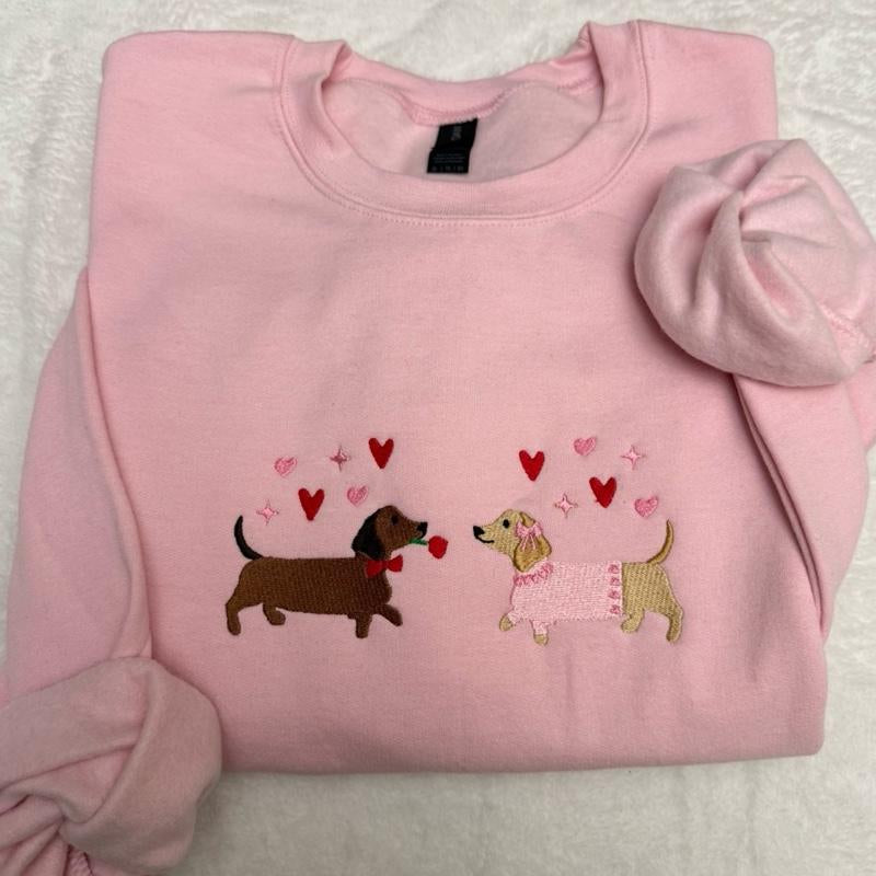 Dachshund Valentine’S Day Sweatshirt Embroidered Sweatshirt Valentines Doggie Cute Hearts Dog Embroidered Sweatshirt