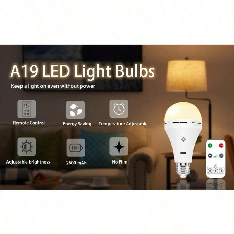 2PC USB-C Rechargeable LED Light Bulb with Remote Control - E27 Emergency Light, Dimmable 9W Bulb for Home Power Outage