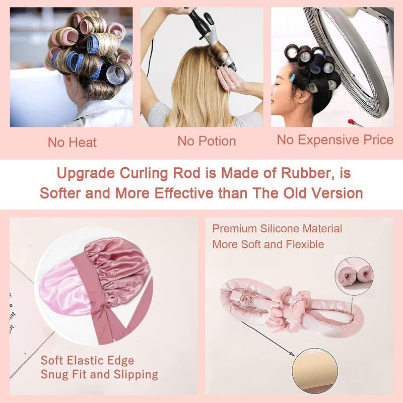 Heatless Hair Curler Kit Silk Double Layer Bonnet with Heatless Curling Rod Set, Overnight Curl Kit to Sleep In, Satin Lined Hair Bonnet and Heatless Curls Headband for Women Natural Curly Shower Cap Sleep Cap Home Bathroom Decor Summer Back to School