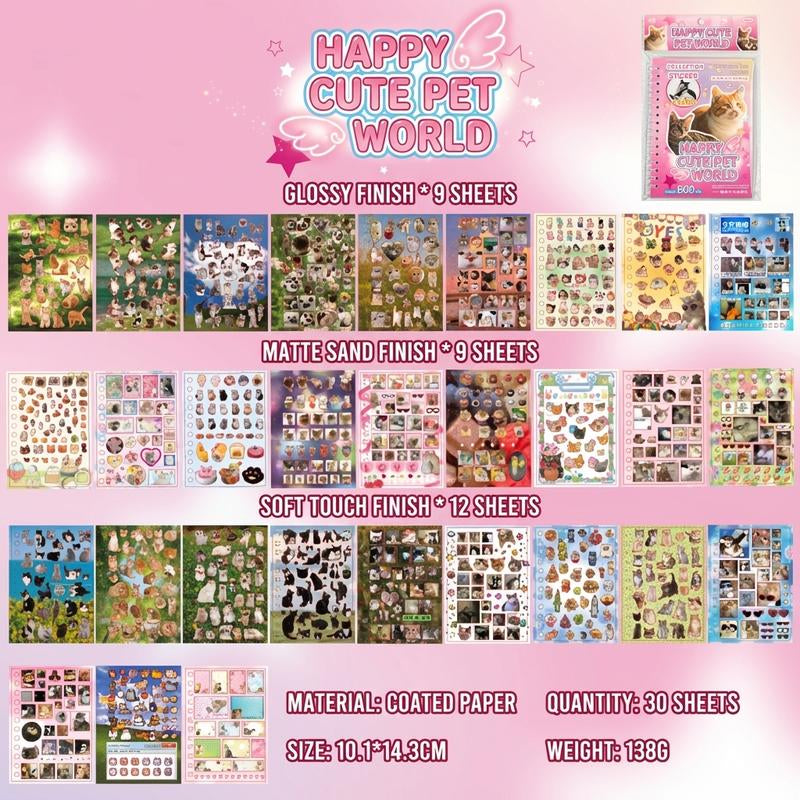 3 Styles Cute Pet Sticker Book – 30 Sheets, 800 Pcs Stickers per Style, Cat & Dog Aesthetic Stickers for Scrapbooking, Journaling, DIY Crafts, Kawaii Planner Stickers, Tiktokshopjumpstartsale
