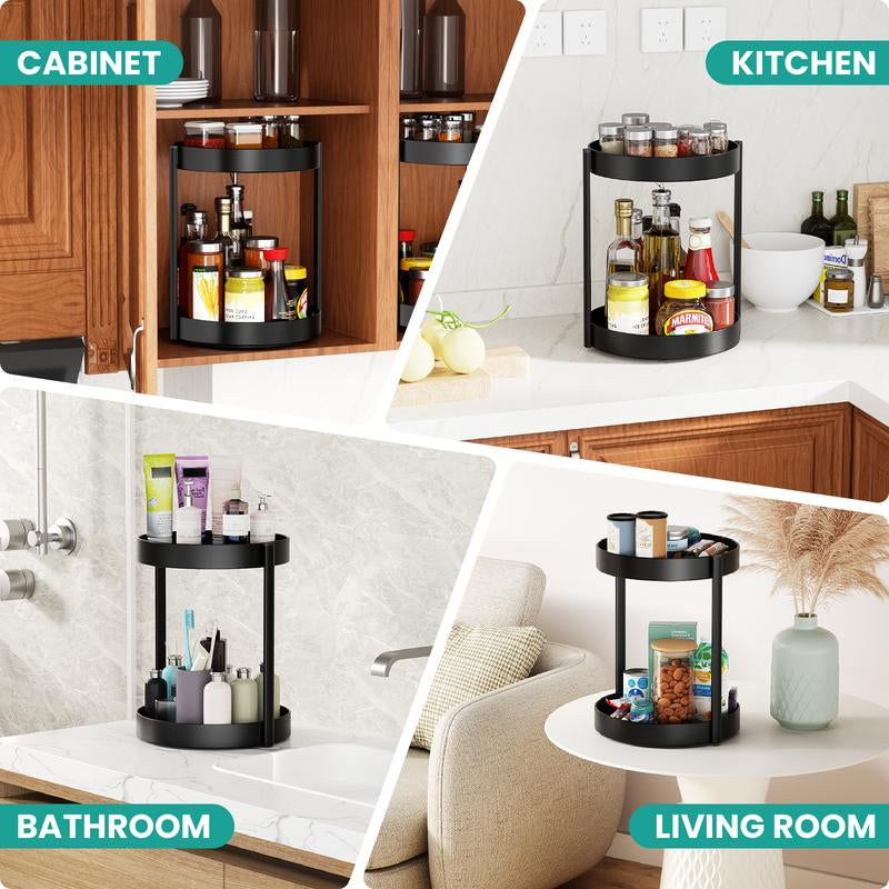2-Layer Metal Rotating Storage Box, 360° Rotating Turntable, Suitable for Double-Layer Rotating Shelf Storage Boxes in Cabinets, Kitchens and Bathrooms, Rust-Proof Double-Layer Rotating Tray Rotating Storage Box, for Spice Racks and Countertops, Black