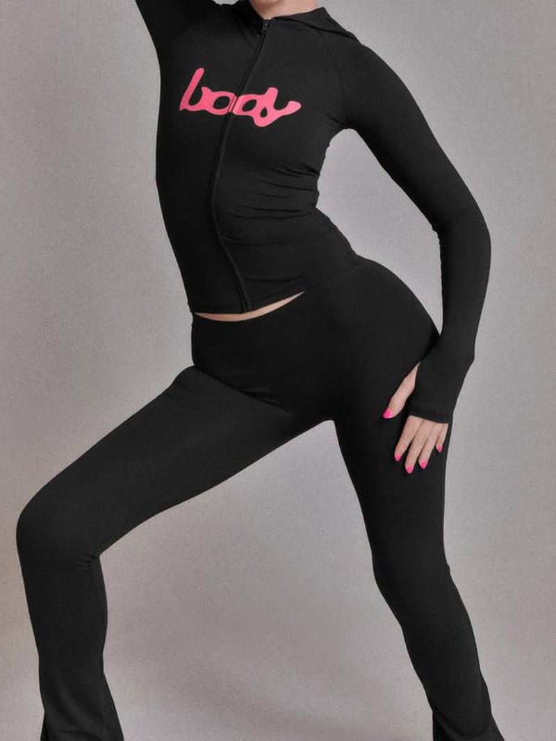 Women'S Two-Piece Set, Fall Winter Hooded Graphic Print Zipper Jacket and Pants Set, Casual Tight-Fit Daily Wear, Fashionable Ladies Clothing