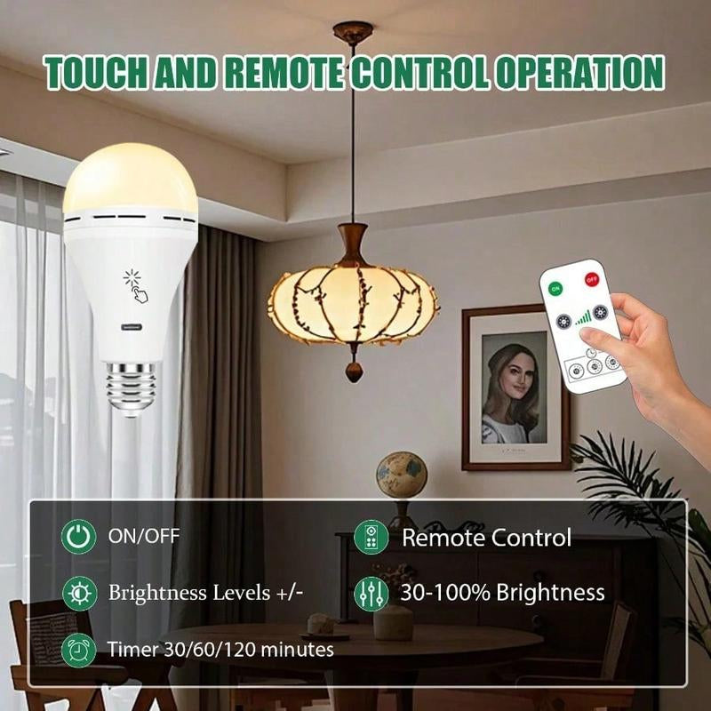 2PC USB-C Rechargeable LED Light Bulb with Remote Control - E27 Emergency Light, Dimmable 9W Bulb for Home Power Outage